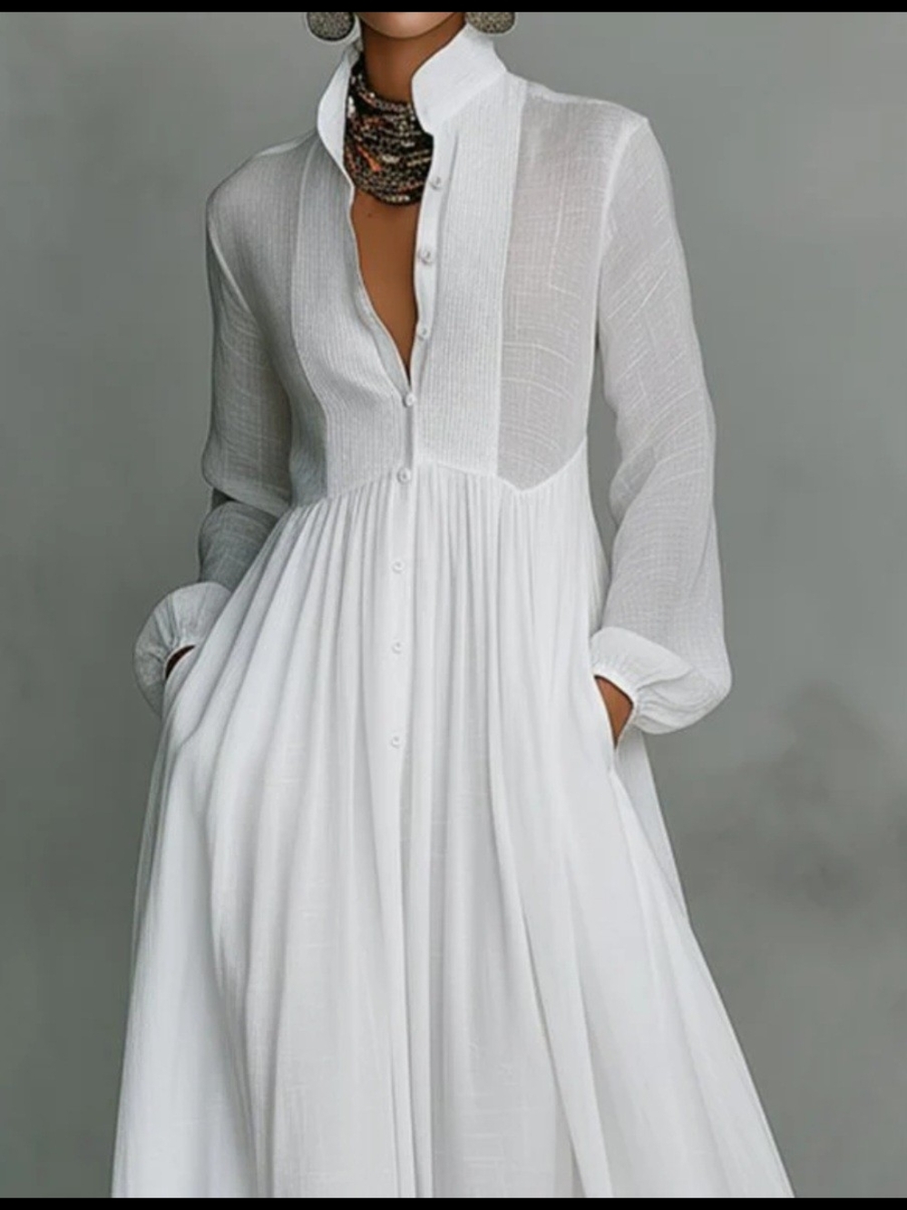 White Maxi Shirt Dress with Long Sleeves - Picture 2 of 5